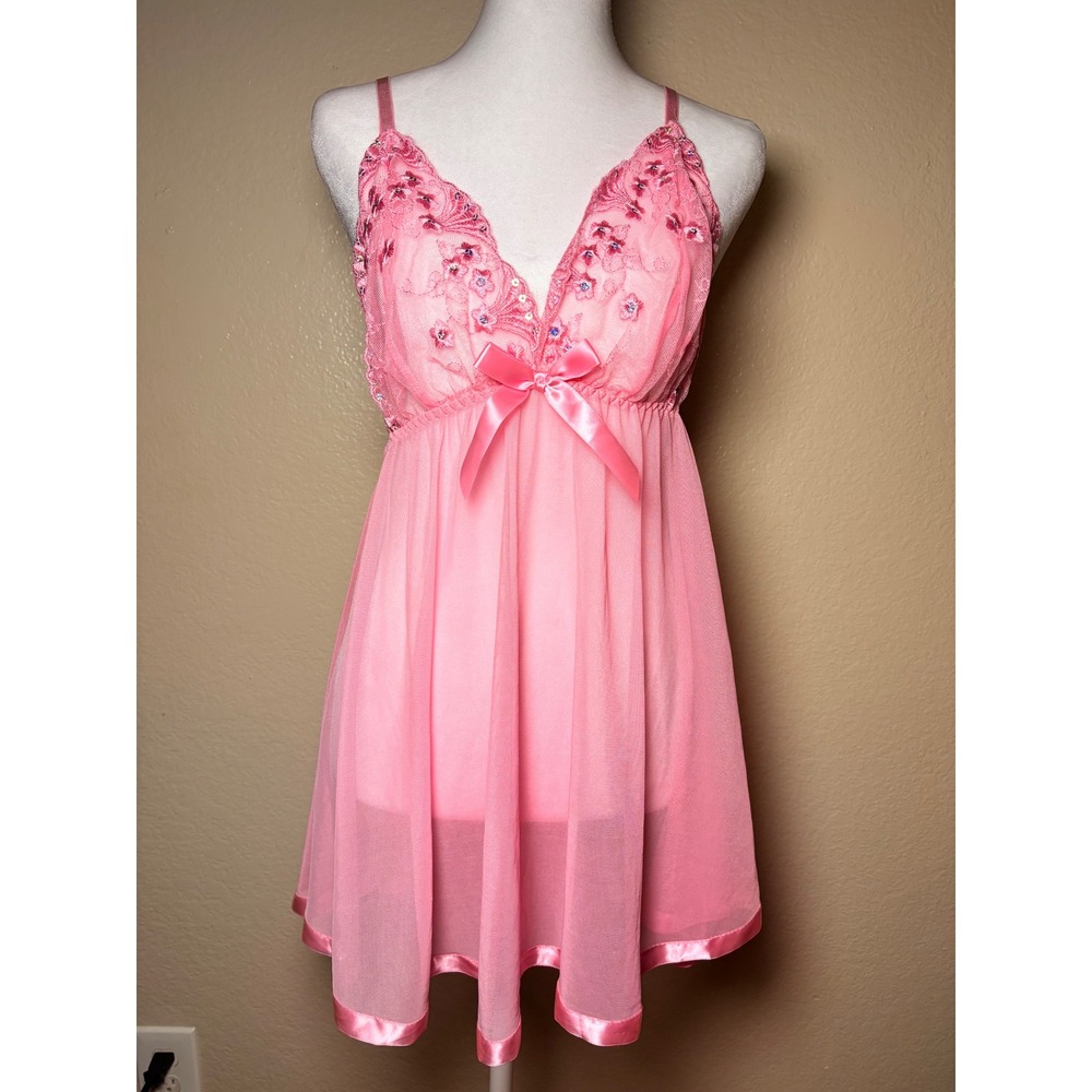Y2K Pink Floral Embroidered Mesh Babydoll Chemise Nightgown Satin Bow Accent